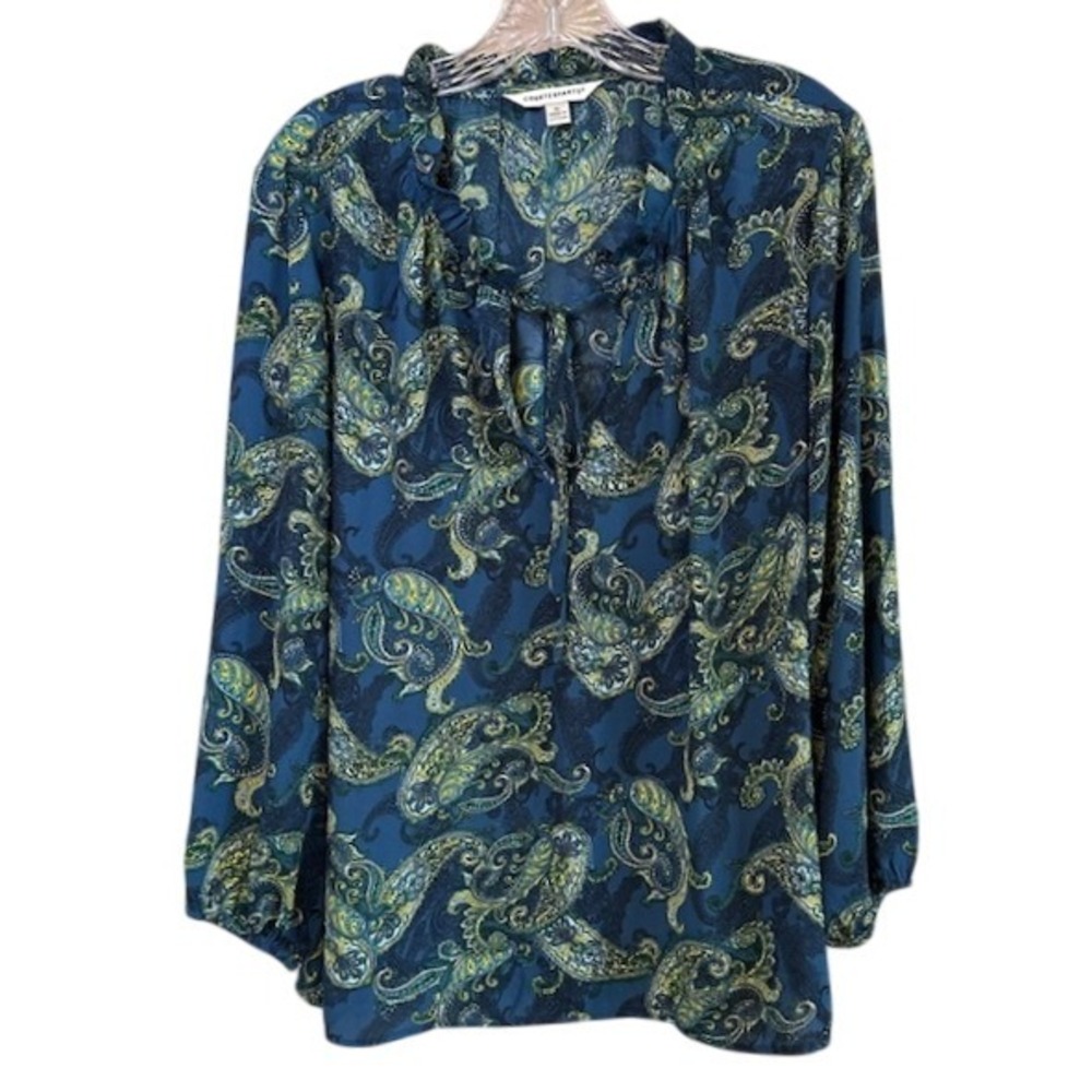 Counterparts Women's Blue Green Paisley Print Ruffle Neck Blouse‎ Size XL